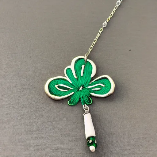 Prompt: simple embroidered clover necklace with jade stone