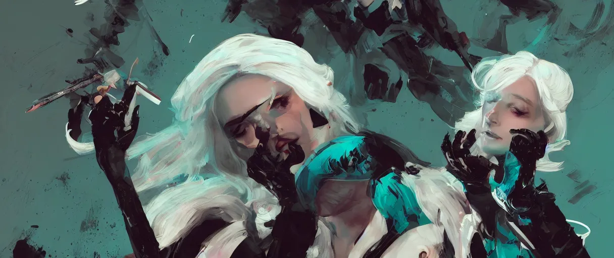 Prompt: a duochrome black and teal background comic noir illustration painting of ciri of cintra with white hair by sachin teng and sergey kolesov and ruan jia and heng z. graffiti art, scifi, fantasy, hyper detailed. octane render. concept art. trending on artstation