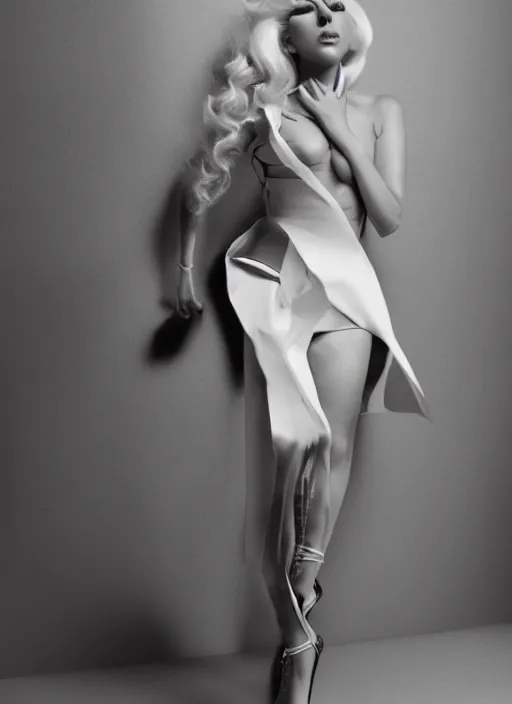 Image similar to lady gaga fashion full body photoshoot by nick knight editorial studio lighting Highly realistic. High resolution. Highly detailed. Dramatic. 8k.4k.