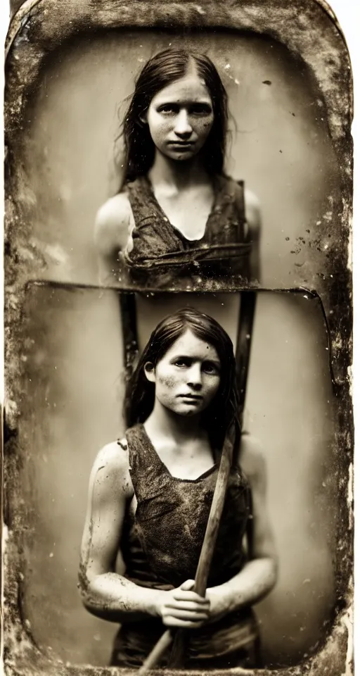 Prompt: a highly detailed wet plate photograph, a portrait of a beautiful young woman holding a pickaxe