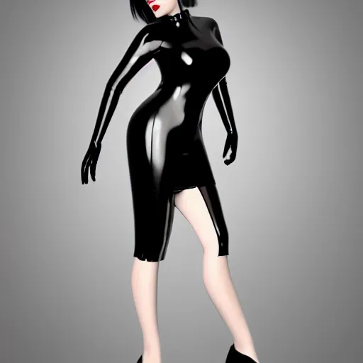 Image similar to a curvy pale hot young goth woman wearing an elegant modest tight shiny two-toned striped latex high-neck dress, cgsociety, photorealistic, sublime-cool-hyperadvanced-dark-amorous ambience, 16k, smooth, sharp focus, trending on ArtStation, volumetric lighting, fully clothed, thin waist