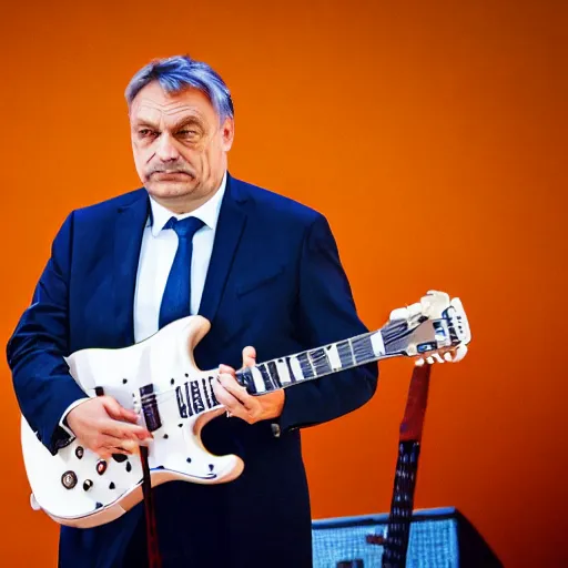 Prompt: viktor orban with a guitar, concert photography