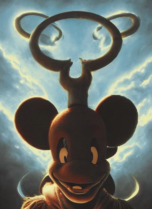 Image similar to portrait of a baphomet mickey mouse, depth of field, soft focus, highly detailed, intricate, realistic, national geographic cover, soft glow, textured, artstation, concept art, sharp focus, illustration, artgerm, greg rutkowski, earl norem