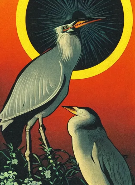 Image similar to a vintage art deco vacation poster for lake merritt in oakland depicting charles manson as a black crowned night heron with a smoky dark orange sky, by ernst haeckel, by alphonse mucha