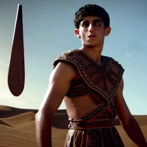 Image similar to handsome 17 year old middle-eastern skinned boy in a Biblical outfit holding a wooden slingshot. Giant Goliath standing with a sword. Epic, cinematic lighting, directed by Ridley Scott