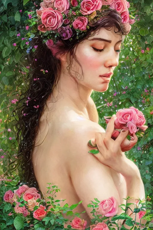 Image similar to beautiful woman in the middle of a lush garden with roses in her hair and an intricate gown, highly detailed, close - up portrait, artstation, art by artgerm and greg rutkowski,