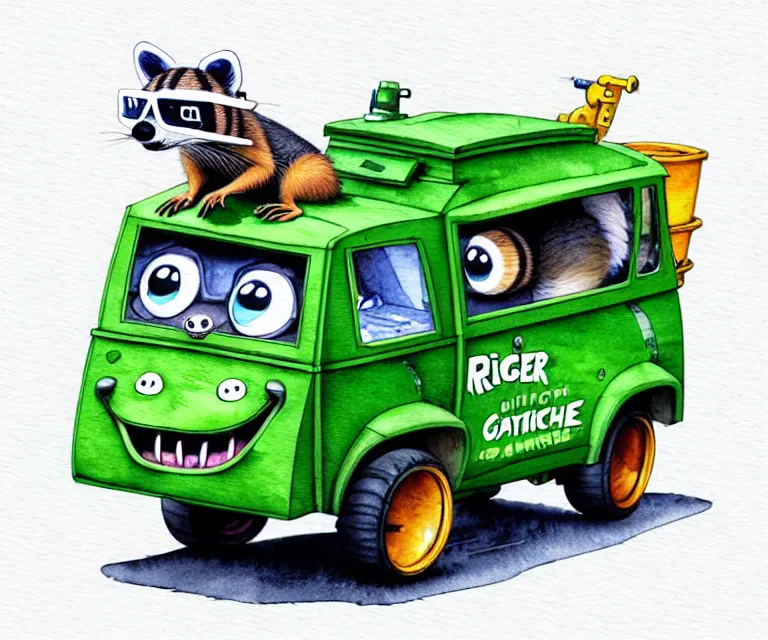 Image similar to cute and funny, racoon wearing goggles driving a tiny garbage truck, ratfink style by ed roth, centered award winning watercolor pen illustration, isometric illustration by chihiro iwasaki, edited by craola, tiny details by artgerm and watercolor girl, symmetrically isometrically centered