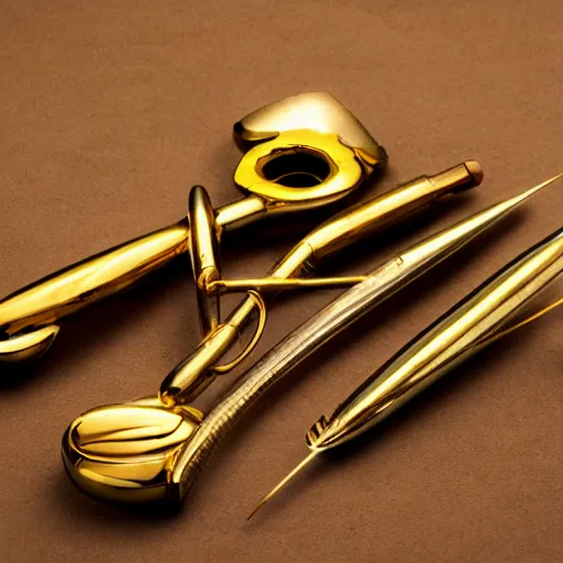 Image similar to polished gold surgical instruments designed in the style of body horror