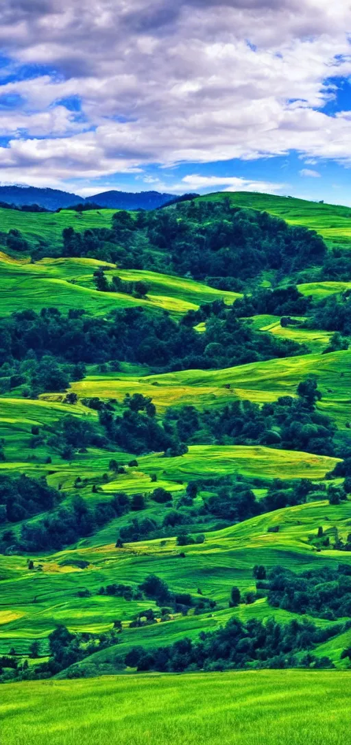 Prompt: a beautiful blue sky with rolling green hills, wallpaper