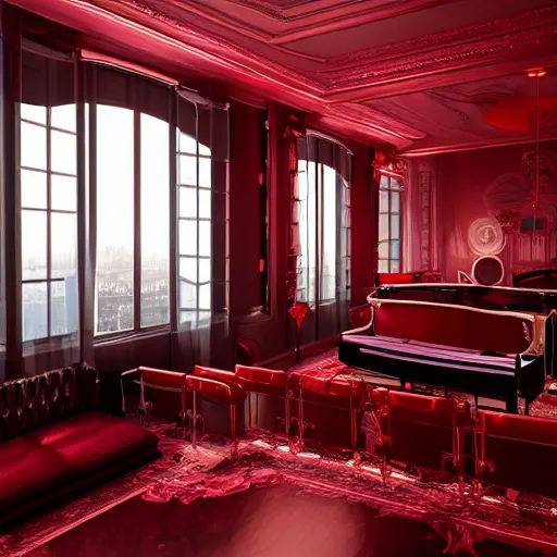 Image similar to A photorealistic music studio, Paris hotel style, red velvet furniture, light rays coming out of the windows, the windows have a view on Paris, raytracing, highly detailed, futuristic, unreal engine 5, photoscanned, photorealistic,