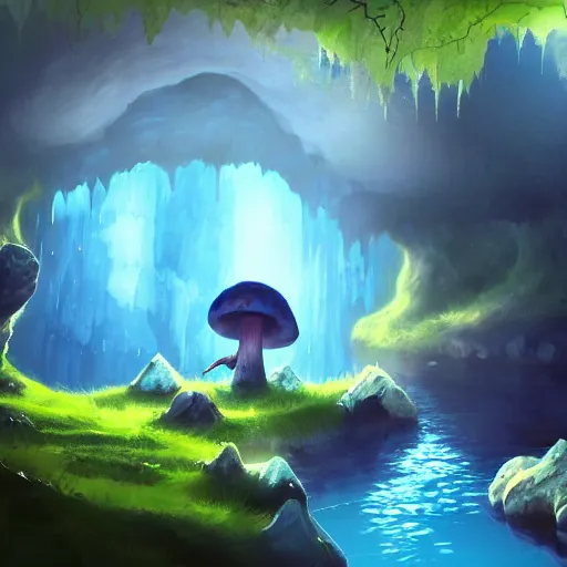 Prompt: an adventurer finding a mystical cave with huge magical mushrooms, glowing blue, a stream of water, dark rocks, shadows, atmospheric, very detailed, cold blue light, artstation