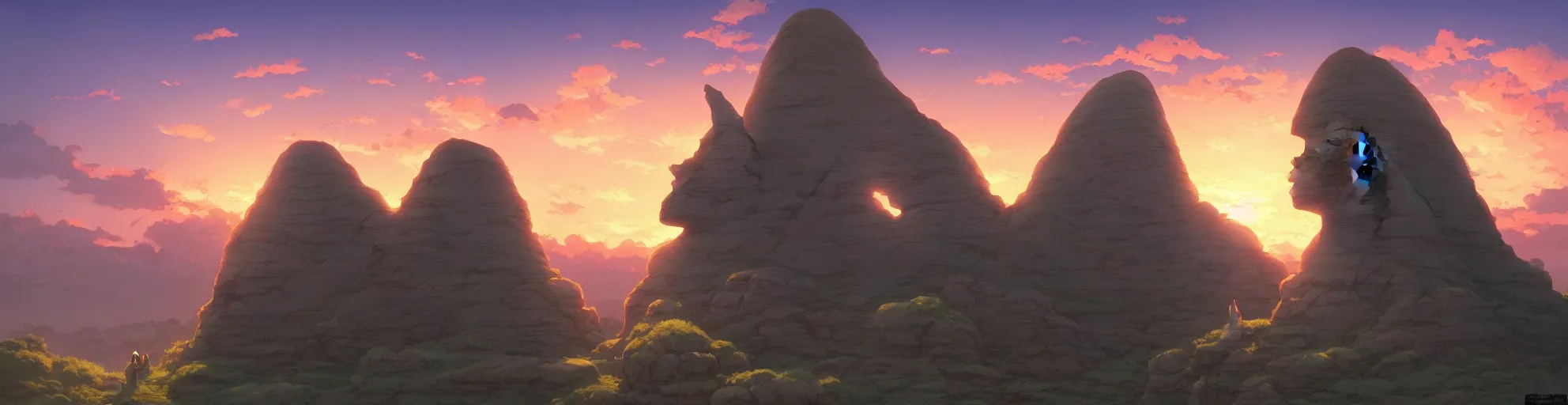 Prompt: A landscape of very detailed sphinx stone statue, Studio Ghibli, backlight sunset sky, animated, anime, illustrated, vibrant, by Greg Rutkowski, dungeons and dragons on artstation