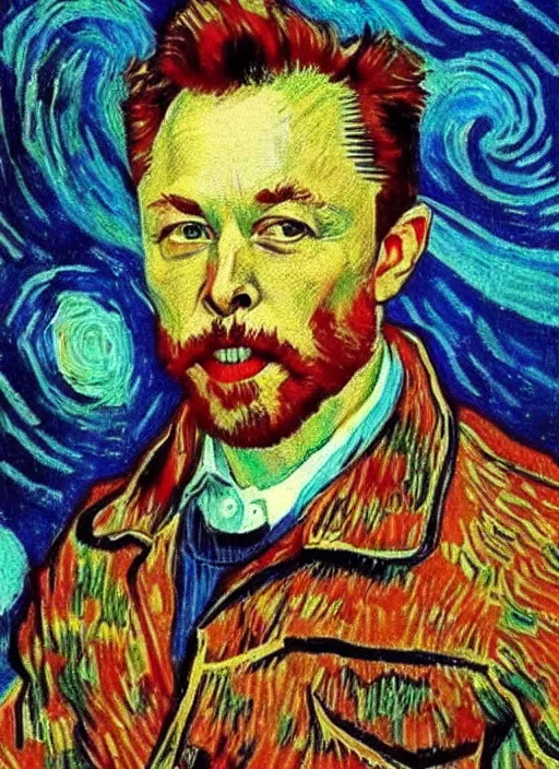 Image similar to self potrait of elon musk in van gogh style