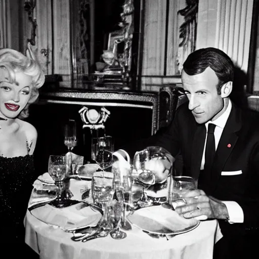 Prompt: emmanuel macron dinning with marylin monroe on the trocadero