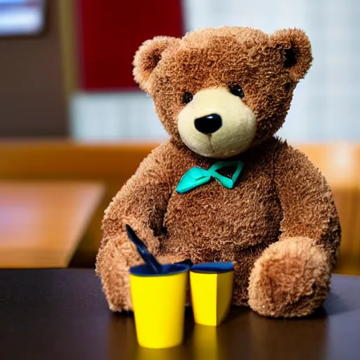 Prompt: A photo of a teddy bear sitting at a table in McDonald's, there is a happy meal on the table, HD.