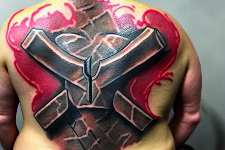 Image similar to ugly amateur tattoo of Mjölnir on a chubby middle-aged man's back