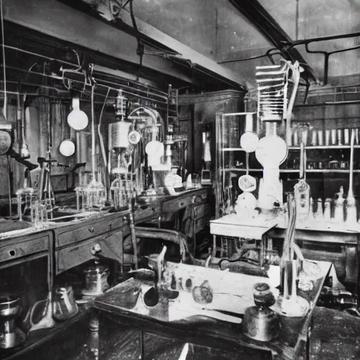 Image similar to and old victorian laboratory with lots of medical instruments, human heads in jars, one head is alive and looking at the camera