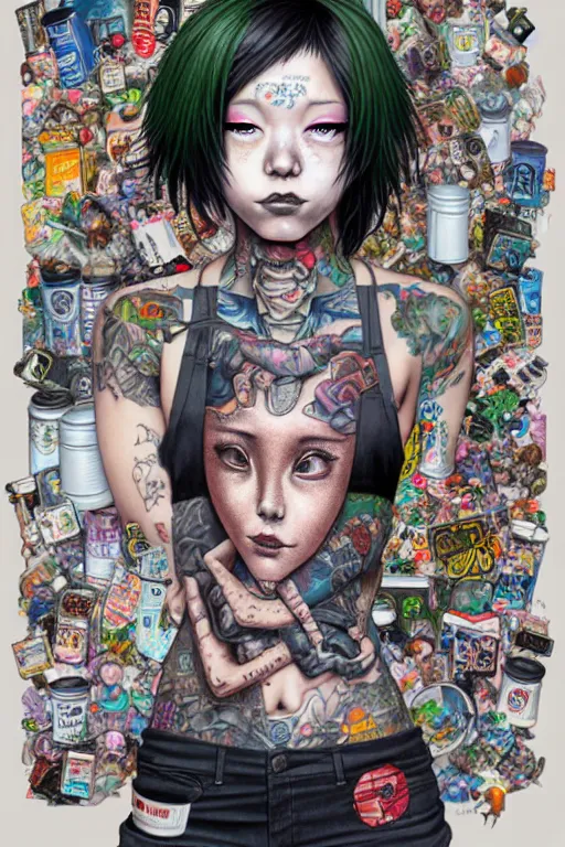 Image similar to full view, from a distance, of anthropomorphic trashcan who is a girl with tattoos from the novel neuromancer by william gibson, style of yoshii chie and hikari shimoda and martine johanna, highly detailed