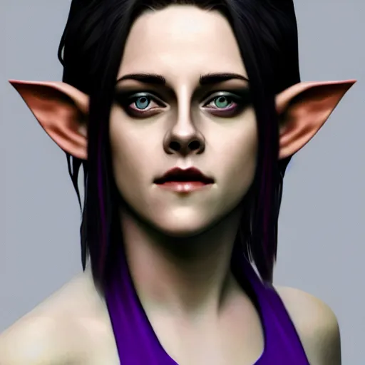 Prompt: Kristen Stewart as a smiling Elf wizard with white-hair and purple-skin. Photorealistic digital art trending on artstation, artgem, 4k HD.