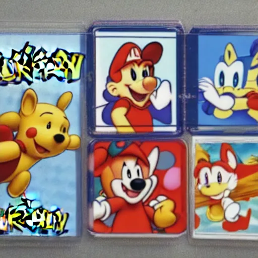 Image similar to photograph of winnie the pooh and super mario and sonic the hedgehog anime style, on pokemon card packs at target