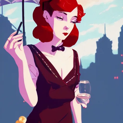 Prompt: portrait of a beautiful girl with red hair dressed in 1920's fashion, speakeasy bar background, rich vivid colors, ambient lighting, dynamic lighting, 4k, HQ, official media, anime key visual, makoto shinkai, ilya kuvshinov, lois van baarle, rossdraws, detailed, trending on artstation