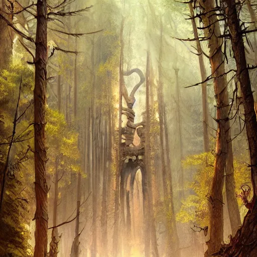 Image similar to a painting of a skeleton in a forest, a detailed matte painting by marc simonetti, behance contest winner, fantasy art, matte painting, concept art, matte drawing. masterpiece