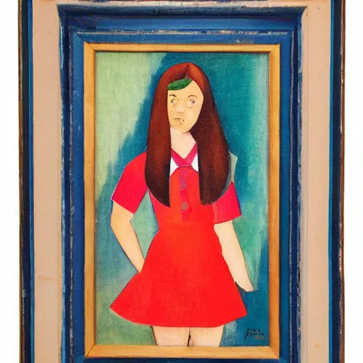 Prompt: by andre lhote atmospheric. mixed media art. a young girl stands in the center of the frame, looking off to the side. she wears a school uniform with a short skirt & a striped shirt. the background is a vivid, with wavy lines running through it.