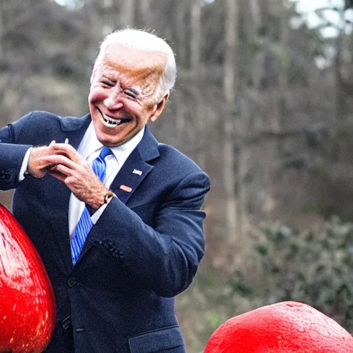 Image similar to portrait photo of Biden finding a giant red mushroom, exhilarated, portrait, closeup. mouth open, 30mm, bokeh