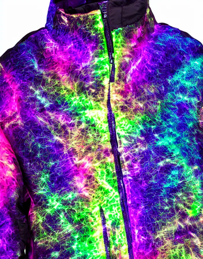 Image similar to generative design autumn season rave jacket with led screen skin and fluffy lining in the style of cyberdog, futuristic psychedelic hippy, product shot, dark background