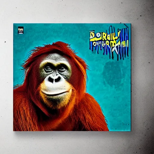 Image similar to orangutan in the style of dirty rhymes & psychotronic beats album cover by pungent stench