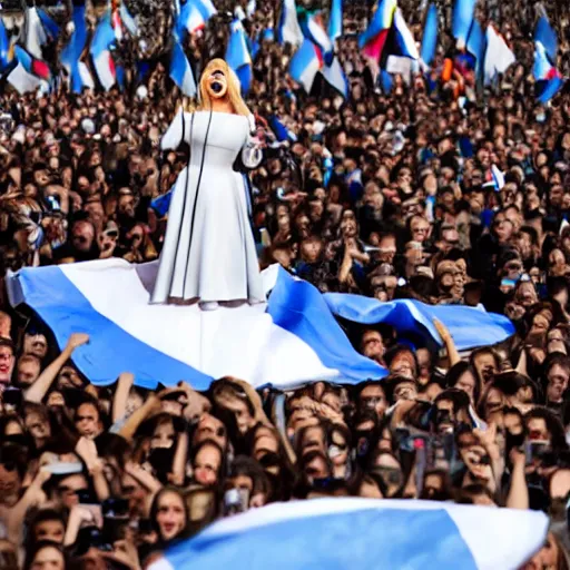 Image similar to Lady Gaga as president, Argentina presidential rally, Argentine flags behind, bokeh, giving a speech, detailed face, Argentina