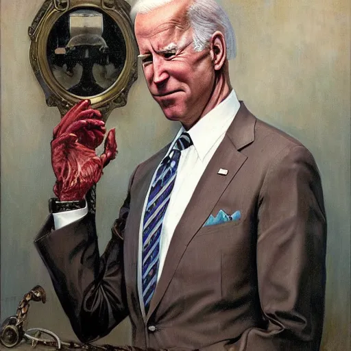 Prompt: terrifying, surreal portrait of joe biden by j. c. leyendecker, bosch, willim blake, jon mcnaughton, and beksinski