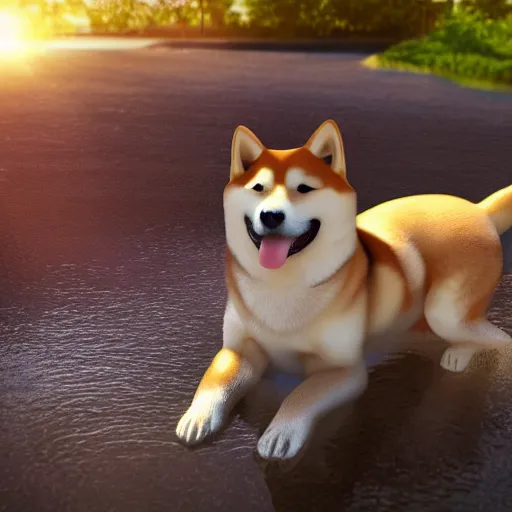 shiba inu in a puddle on a hot summer day with the sun | Stable ...