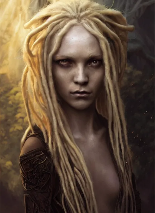 Image similar to fantasy changeling girl with blonde dreadlocks revealing her true nature, staring eyes, dim light, front game card, marvel comics, dark, intricate, highly detailed, smooth, smirking, artstation, digital illustration by ruan jia and mandy jurgens and artgerm and wayne barlowe and greg rutkowski and zdislav beksinski