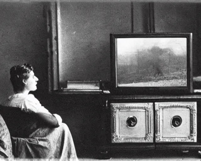 Image similar to 1 9 0 0 s photo of a person watching a flat screen hd tv