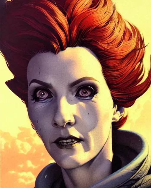 Image similar to moira from overwatch, character portrait, portrait, close up, concept art, intricate details, highly detailed, vintage sci - fi poster, in the style of chris foss, rodger dean, moebius, michael whelan, and gustave dore