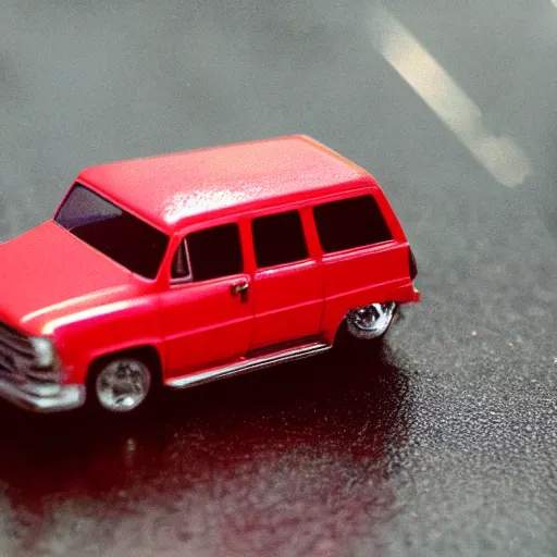 Prompt: 3 5 mm photo of metallic red suburban car like hot wheels model in area 5 1 as background, epic cinematic