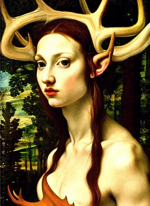 Prompt: elf woman that has antlers, forest in background, renaissance oil painting, by artemisia gentileschi, baroque, beautiful, feral, clear, crisp, sharp, award - winning, portrait, extremely detailed