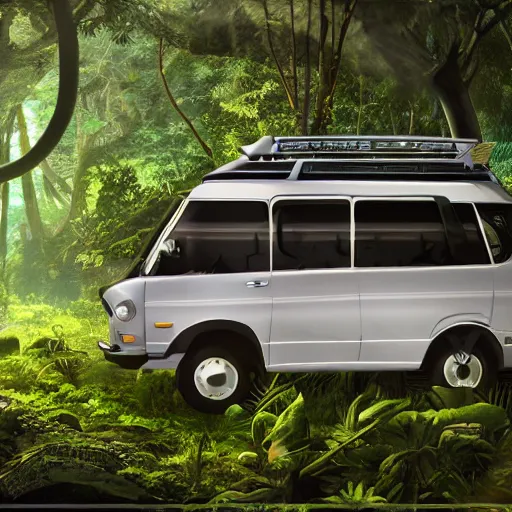 Image similar to a mini van in the middle of the jungle, hyperdetailed, ambient occlusion, pfp, lensflare, ghibli style, anime background, octane