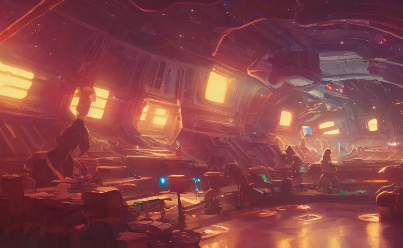 Image similar to a bounty hunter bar in a space opera studio ghibli animated film, global illumination, beautiful composition, volumetric lighting, octane render by artgerm, loish, alena aenami, highly detailed