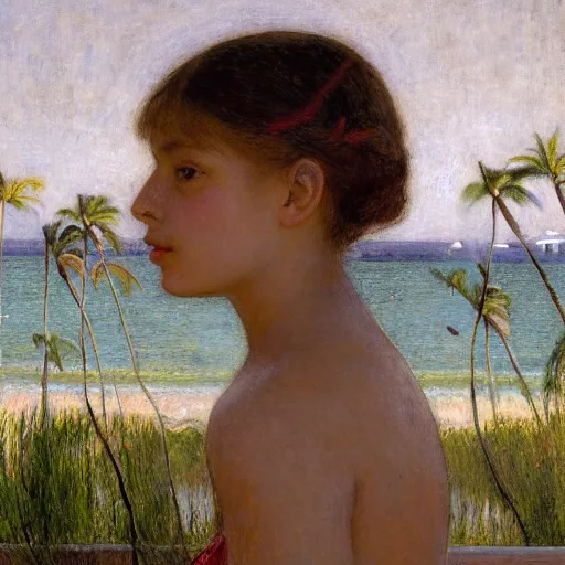 Image similar to a ultradetailed beautiful painting of a girl in the amazonas palace balustrade designed by jules bastien - lepage, tarsila do amaral, frank weston and gustave baumann, beach, trending on artstation, mediterranean, palm trees, hyper detailed face, sharp focus, soft light, 8 k 4 k