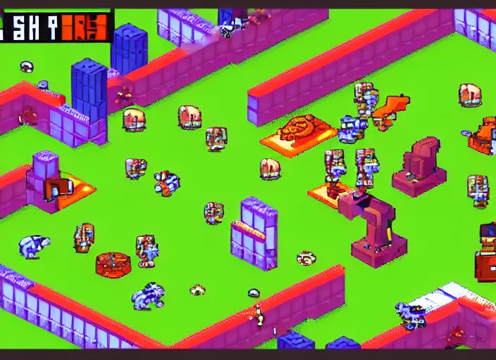 Image similar to isometric Shoot ’em up shmup, Twin-stick shooter, shmup, Run and gun, pixel graphics, pixel art, retro tube