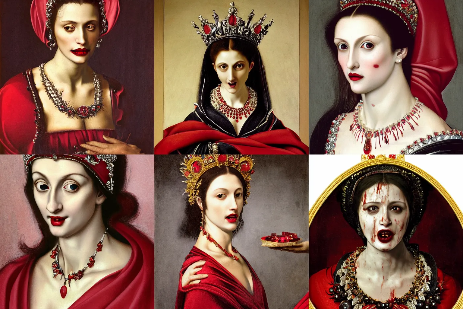 Image similar to A extremely highly detailed majestic hi-res beautiful immaculate head and shoulders painting of a beautiful bloody vampire woman with fangs, crying tears of red blood wearing a long royal red silk dress, the crown jewels is on her head and around her neck is a ornate golden necklace decorated with diamonds and rupees smiling by Michelangelo Merisi da Caravaggio, high detail, hyperrealistic, photorealistic, octante render, cinematic, high textures, royaltly, royal, hyper sharp, 4k insanely detailed and intricate, hypermaximalist, 8k, hyper realistic, super detailed, 4k HDR hyper realistic high,