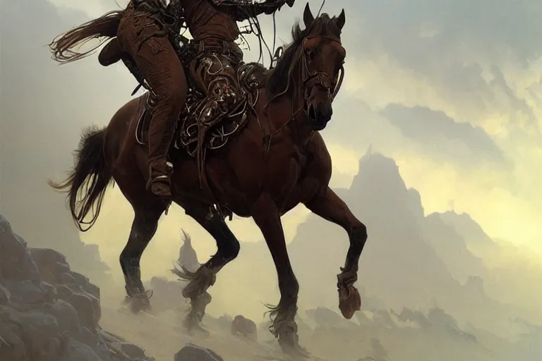 Image similar to rhodium cowboy, famine horseman, fantasy, intricate, elegant, highly detailed, digital painting, artstation, concept art, matte, sharp focus, illustration, art by artgerm and greg rutkowski and alphonse mucha