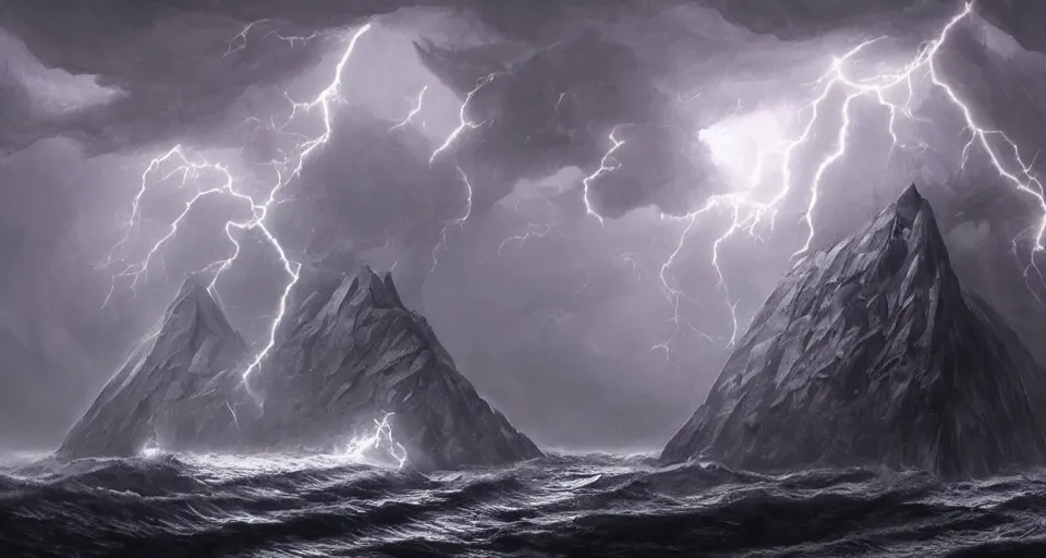 Image similar to black lovecraftian eldritch!! obsidian pyramid!! on a snowy island surrounded by raging stormy seas, with a large shadow of a creature in the background by eugene von guerard, ivan shishkin, night, red lightning!!, storm!, dramatic lighting, concept art, trending on artstation, 8 k