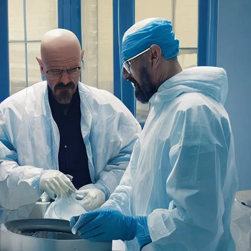 Image similar to walter white selling blue methamfetamine to suleyman soylu realistic dof 8k