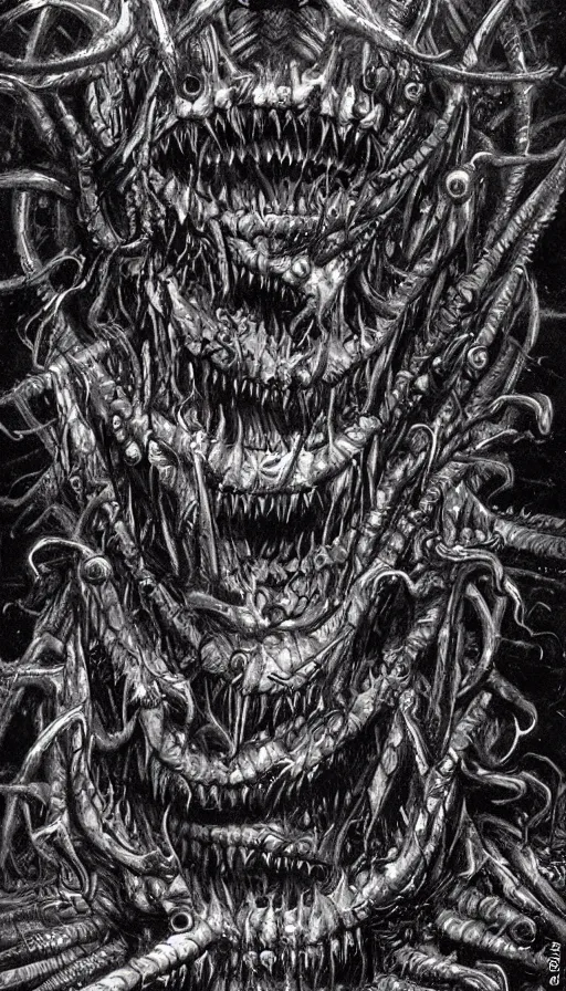 Image similar to a storm vortex made of many demonic eyes and teeth, by james gurney