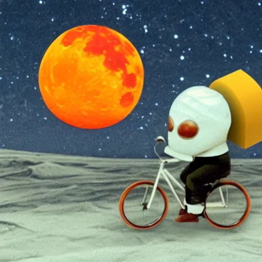 Image similar to cheese is cycling on the moon and cycles away from a nuclear explosion