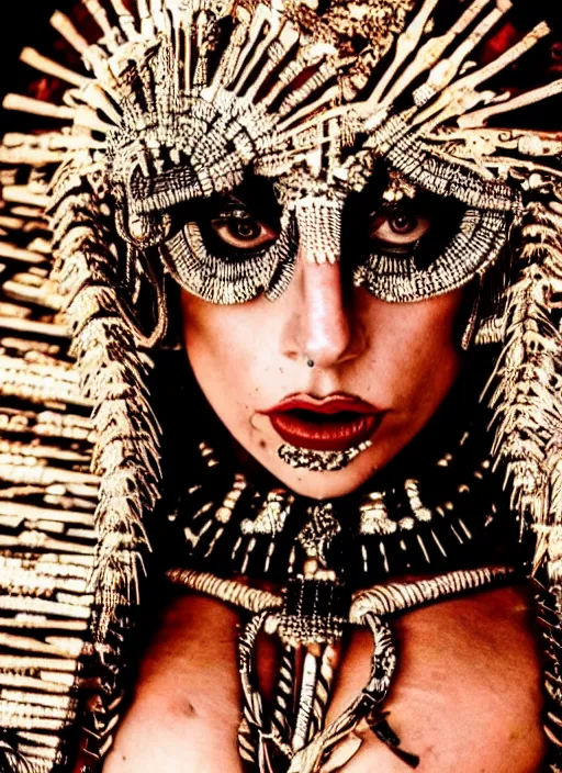 Image similar to lady gaga as a tribal woman, intricate, cinematic lighting, highly detailed, canon 3 5 mm photography, horizontal symmetry, smooth, sharp focus