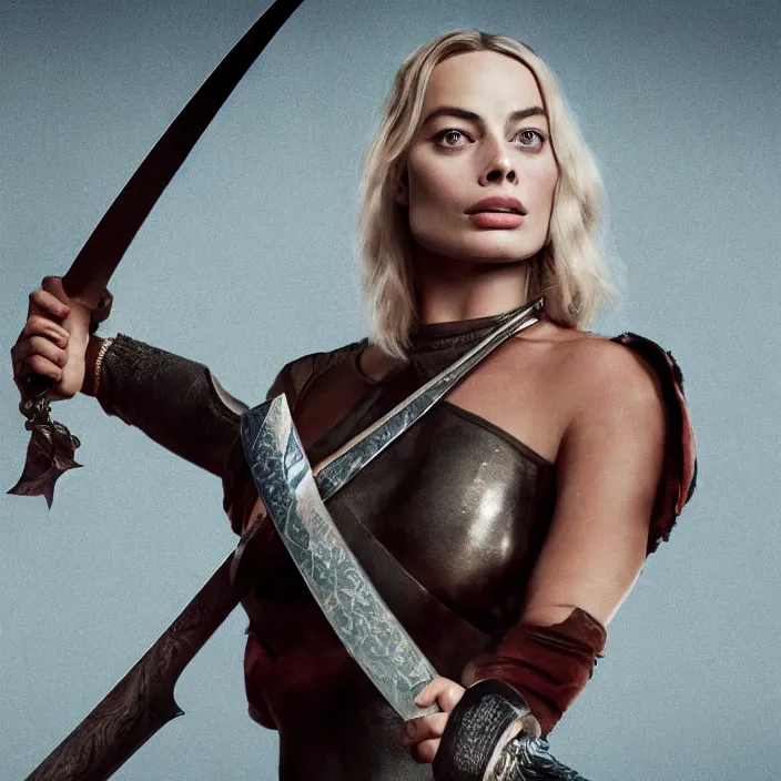 Image similar to margot robbie, sword in her hands. very coherent symmetrical artwork. cinematic, high detail, octane render, 8 k